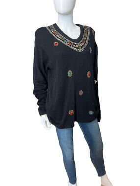 Vintage Black Jeweled Sequin Karen Scott Silk Angora Sweater, L NWT